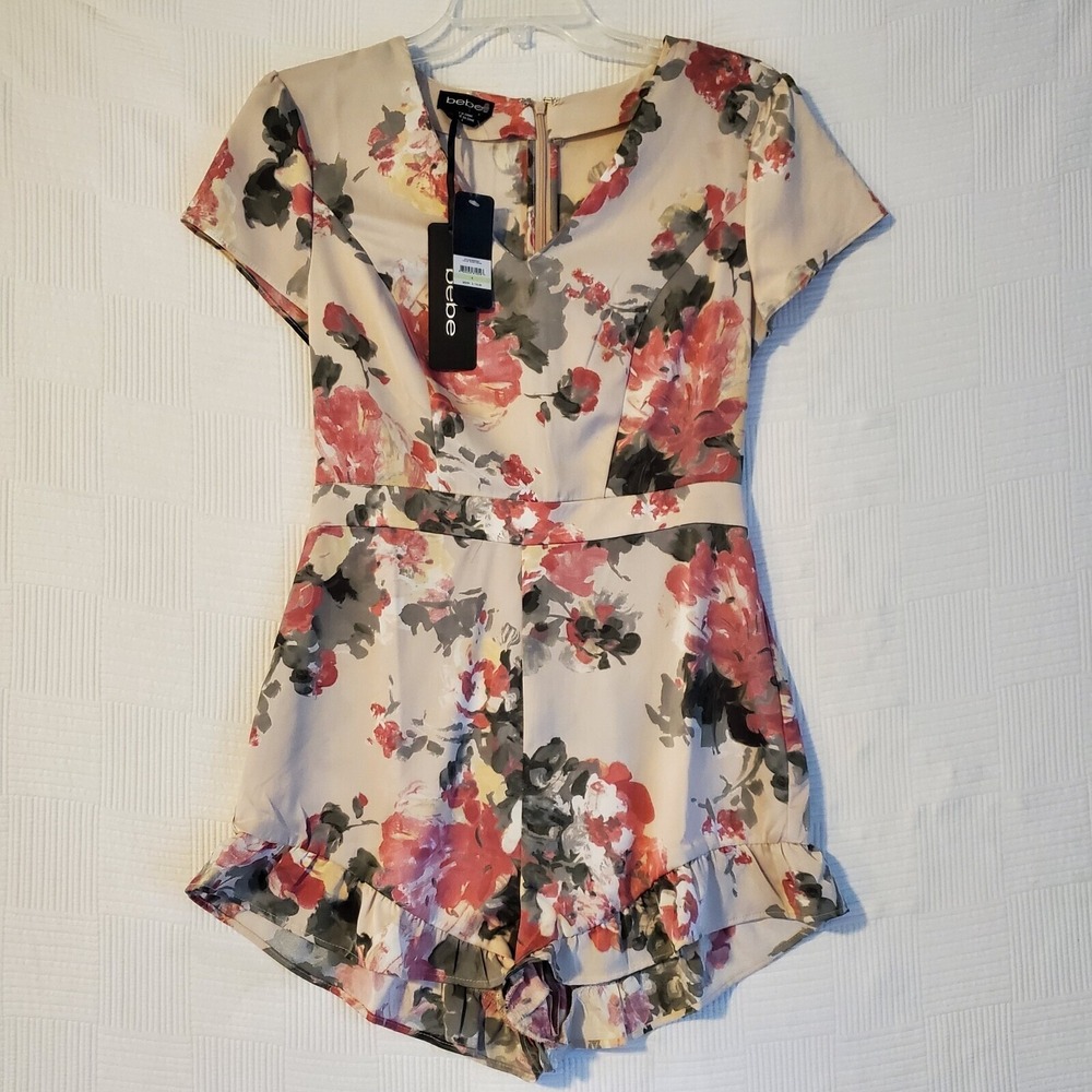 NEW BEBE Floral Satin Stretch Romper Womens 4 Flirty Romantic Coquette - Picture 3 of 9